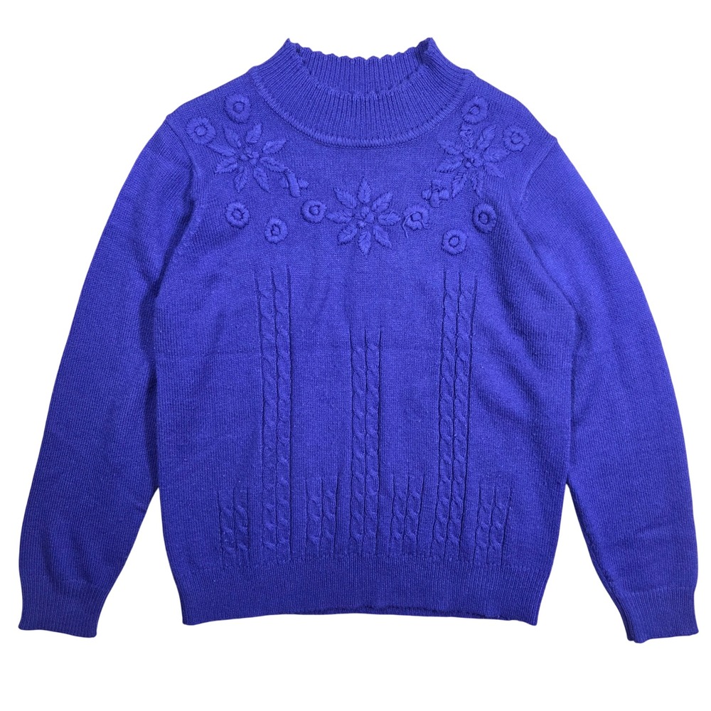Vintage Salon Studio Royal Blue Floral Embroidered Cable Knit Sweater‎ Womens L
